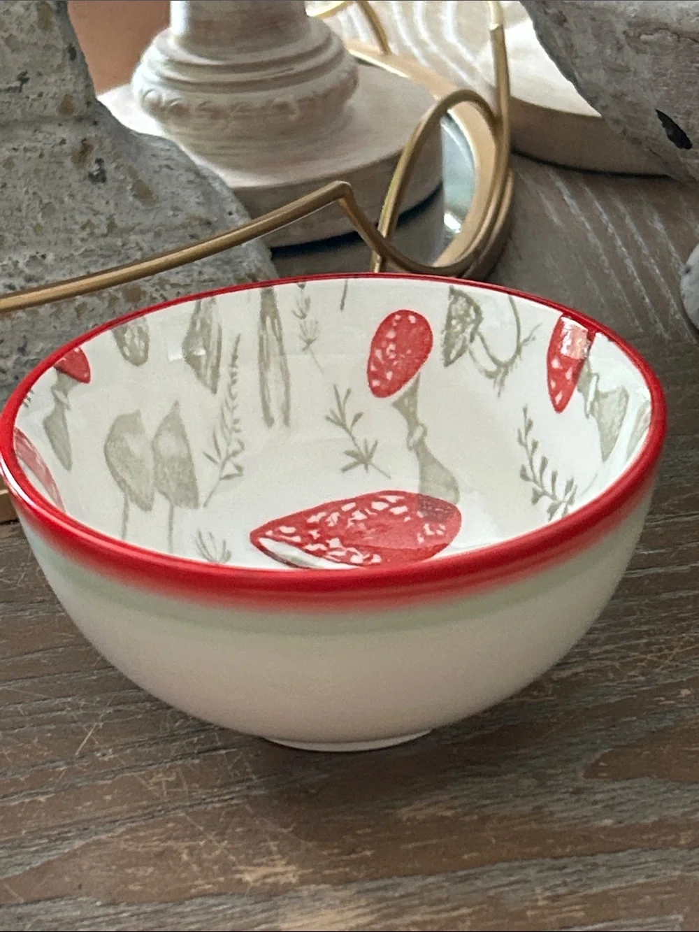 NEW! Vintage Inspired Botanical Garden Wild Red Mushroom Ceramic Bowl